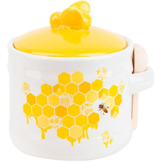 Керамічна банка-медовниця з дерев'яною ложкою Sweet Honey 450мл, біла з жовтим