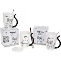 Кружка порцелянова Funny Cats 380мл з кришкою і ложкою, 4 дизайни