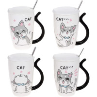 Кружка порцелянова Funny Cats 380мл з кришкою і ложкою, 4 дизайни