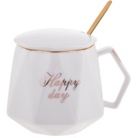Кухоль порцеляновий Coffee Prelude Happy Day 420мл з кришкою і ложкою, біла