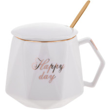 Кухоль порцеляновий Coffee Prelude Happy Day 420мл з кришкою і ложкою, біла