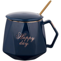 Кухоль порцеляновий Coffee Prelude Happy Day 420мл з кришкою і ложкою, синя