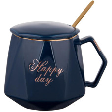 Кухоль порцеляновий Coffee Prelude Happy Day 420мл з кришкою і ложкою, синя