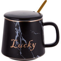 Кухоль порцеляновий Lucky 400мл з кришкою та ложечкою, чорний мармур