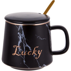 Кухоль порцеляновий Lucky 400мл з кришкою та ложечкою, чорний мармур