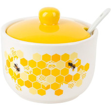 Керамічна цукорниця з керамічною ложкою Sweet Honey 450мл, біла з жовтим